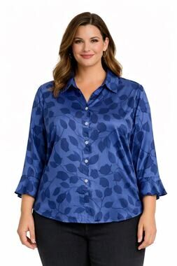 Victoria Essentials Blouse Women’s 1X Blue/Black Floral Print Long Sleeve EUC